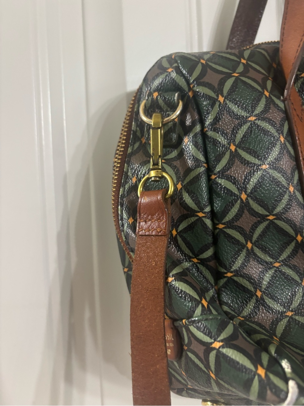 Fossil Green Geometric Dome Satchel with Brown Leather Trim - Picture 4 of 9